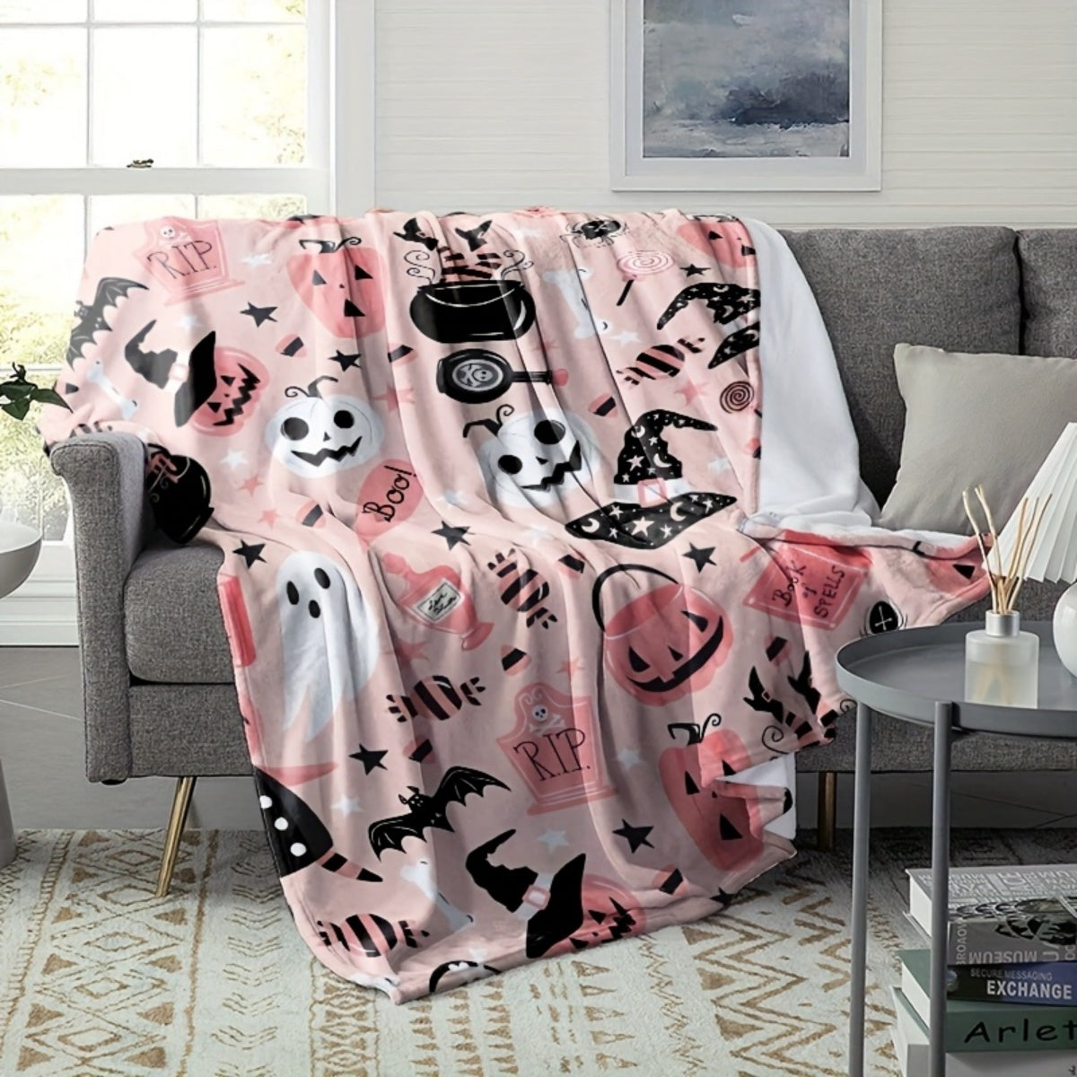 1pc 2D Flat Printing, Halloween Pumpkin And Witch Hat Pattern Blanket, Soft Fleece Throw, Pink And Black Design, All-Season Warm Cover, Multi-Size Available, Suitable for Living Room Sofa, Bedroom Bedside, Reading Nook