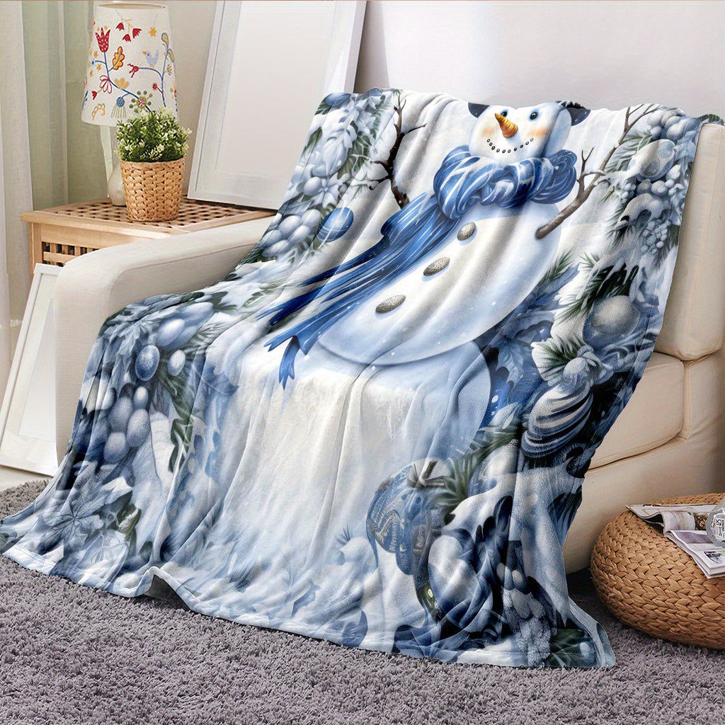 1pc Snowman And Blue White Christmas Decor Pattern Flannel Oversized Blanket, Blue White Main Color Design, Multi-Size Full-Body Blanket, Christmas Winter Decor, Durable Plush, All-Season Use, Suitable for Holiday Home Decor, Reading Time