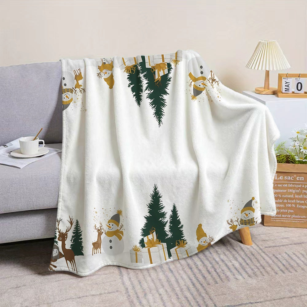 1pc Christmas Snowman And Pine Tree Pattern White Flannel Blanket, Soft Comfortable Warm, Easy Design, All-Season Blanket, Warm Cover, Multiple Sizes Available, Suitable for Living Room Sofa, Bedroom, Reading Area, Rest Area, And