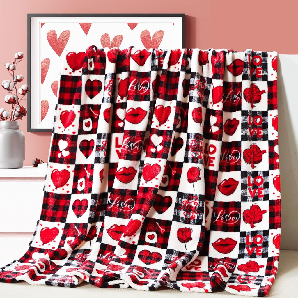 Valentine's Day Gift Blanket for Mom, Wife- Red Pattern Throw for Couch, Sofa or Bed- Decorative Plaid Luxury Flannel Lap Blanket- Super Cozy Comfy