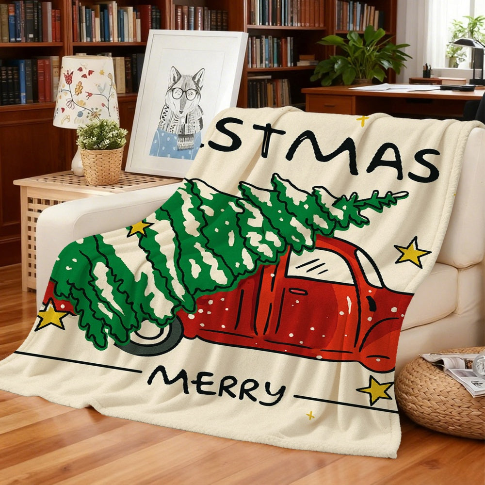1pc Christmas Red Card with Green Tree Pattern Cream Beige Flannel Blanket, Festive Warm Design, Soft Plush All-Season Use, Suitable for Office Nap, Weekend Sofa Relaxation, And Home Leisure