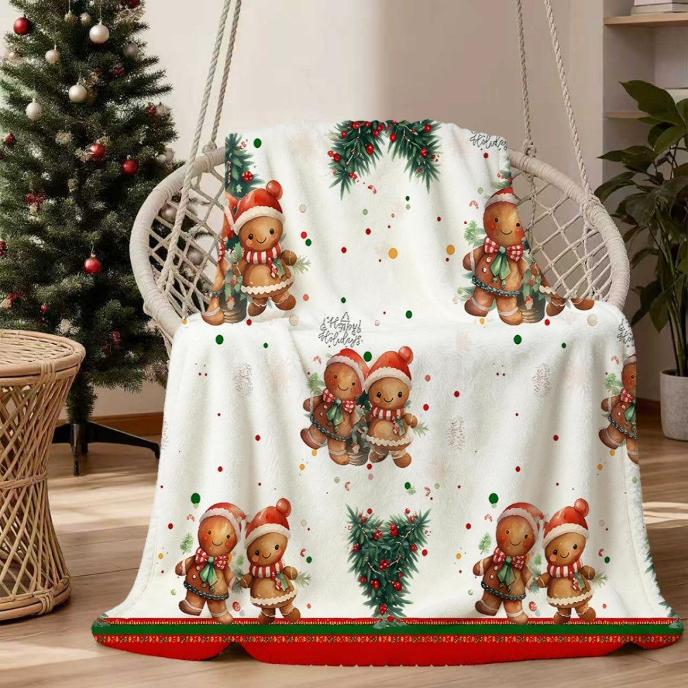 1pc, 1 Christmas Gingerbread for Man with Pine Branch Pattern White Flannel Blanket, Soft, Comfortable, and Warm, Festive Design, Durable Plush Surface, All-season Universal Sofa Blanket, Thermal Throw Blanket, Multiple Sizes Available