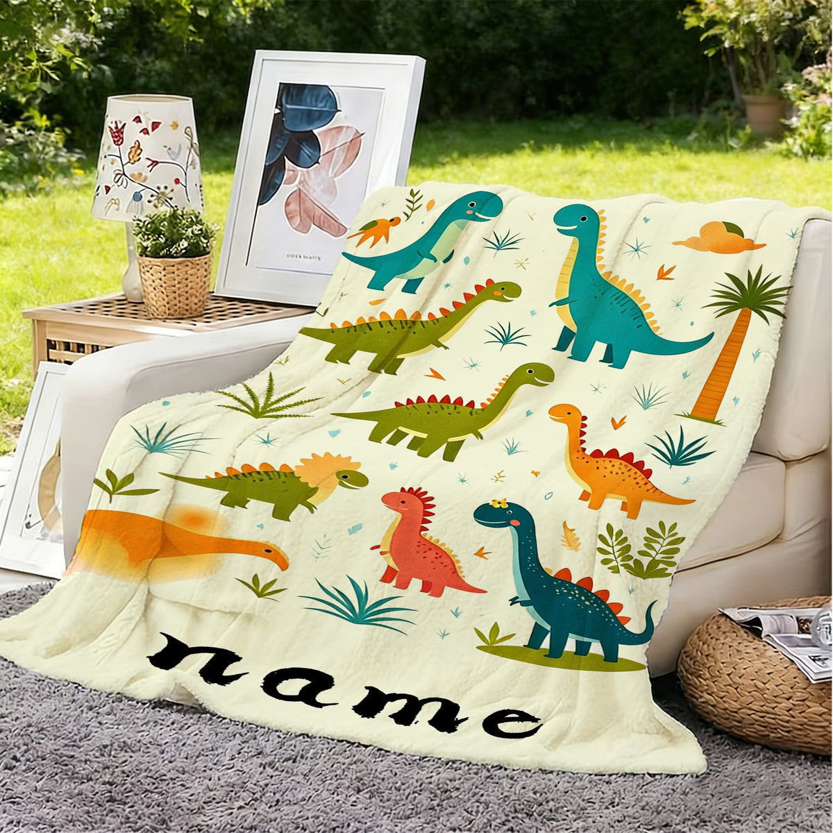 Personalized Custom Name Blanket, Cute Cartoon Baby Dinosaur Flannel Blanket, Plush Blanket Gift for Outdoor Enthusiasts, All-Season Gift Blanket Suitable for Home and Travel, Comfortable Personalized Blanket, Holiday Gift for Family and Friends