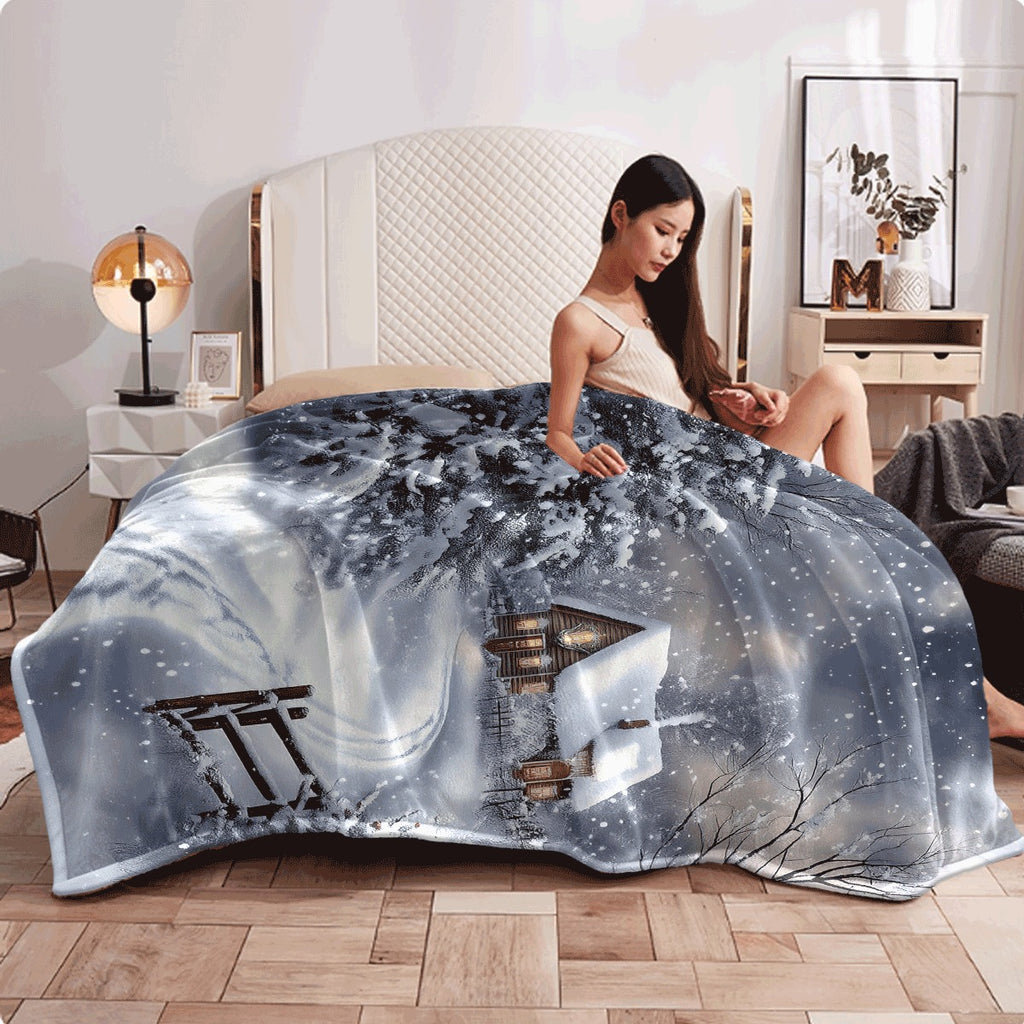 1pc 1pcs Winter Wonderland Fluffy Blanket Cozy Snowy Cabin Scene with Snow-Covered Trees & Falling Snowflakes Soft Flannel All-Season Thick Warm Spread for Sofa Travel Camping Winter