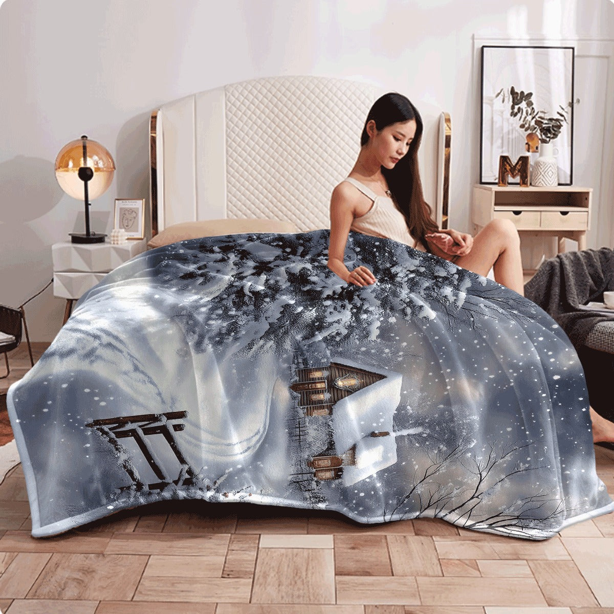 1pc 1pcs Winter Wonderland Fluffy Blanket Cozy Snowy Cabin Scene with Snow-Covered Trees & Falling Snowflakes Soft Flannel All-Season Thick Warm Spread for Sofa Travel Camping Winter