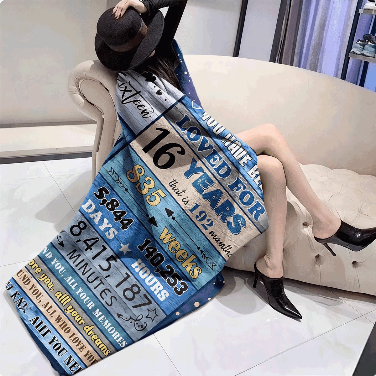 1pc 16th Birthday Flannel Blanket Sweet Sixteen Blue Retro Plank Design Throw with Inspirational Wishes & Time Details for Teens Soft Warm Gift for Sofa Cozy All-Season Celebration Decor