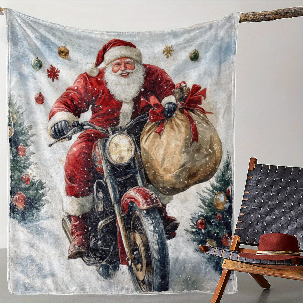 Vintage Santa Claus Riding Motorcycle Printed Flannel Blanket - Soft And Comfortable Polyester Fabric, Digital Print, 250-300G Lightweight Warm Sofa, Bed, Car, Office, Camping, Travel Use Throw Blanket - All-Season Gift Blanket 59X78.7 Inches