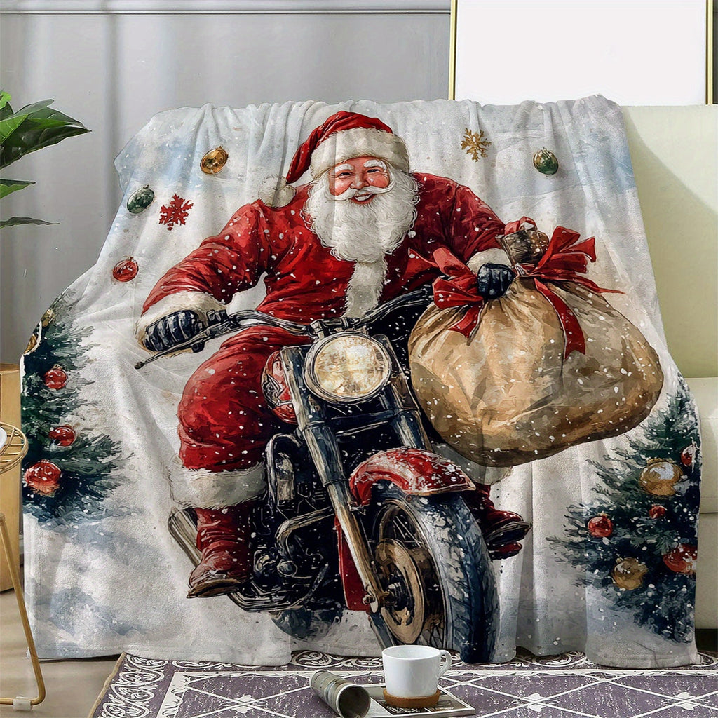 Vintage Santa Claus Riding Motorcycle Printed Flannel Blanket - Soft And Comfortable Polyester Fabric, Digital Print, 250-300G Lightweight Warm Sofa, Bed, Car, Office, Camping, Travel Use Throw Blanket - All-Season Gift Blanket 59X78.7 Inches