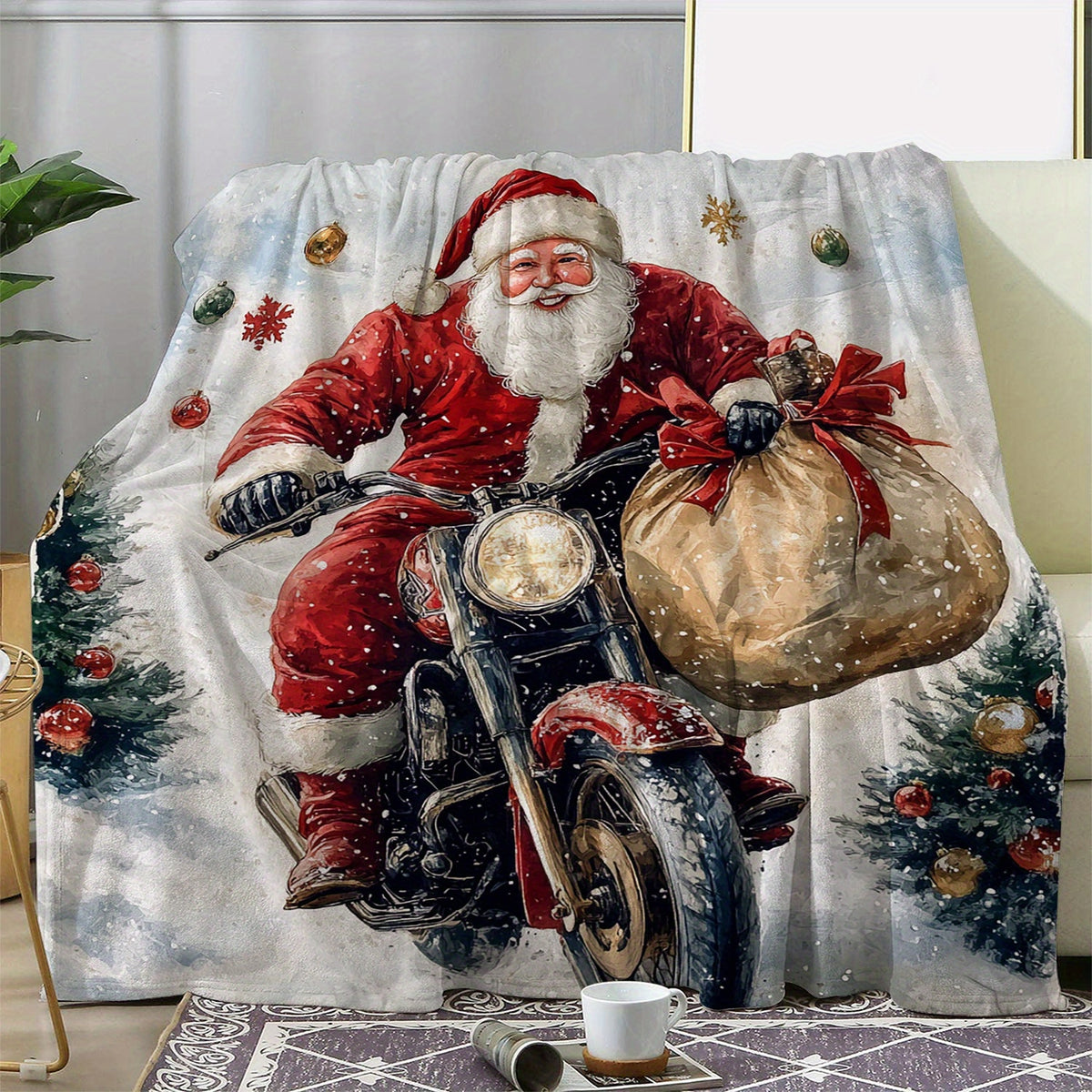 Vintage Santa Claus Riding Motorcycle Printed Flannel Blanket - Soft And Comfortable Polyester Fabric, Digital Print, 250-300G Lightweight Warm Sofa, Bed, Car, Office, Camping, Travel Use Throw Blanket - All-Season Gift Blanket 59X78.7 Inches
