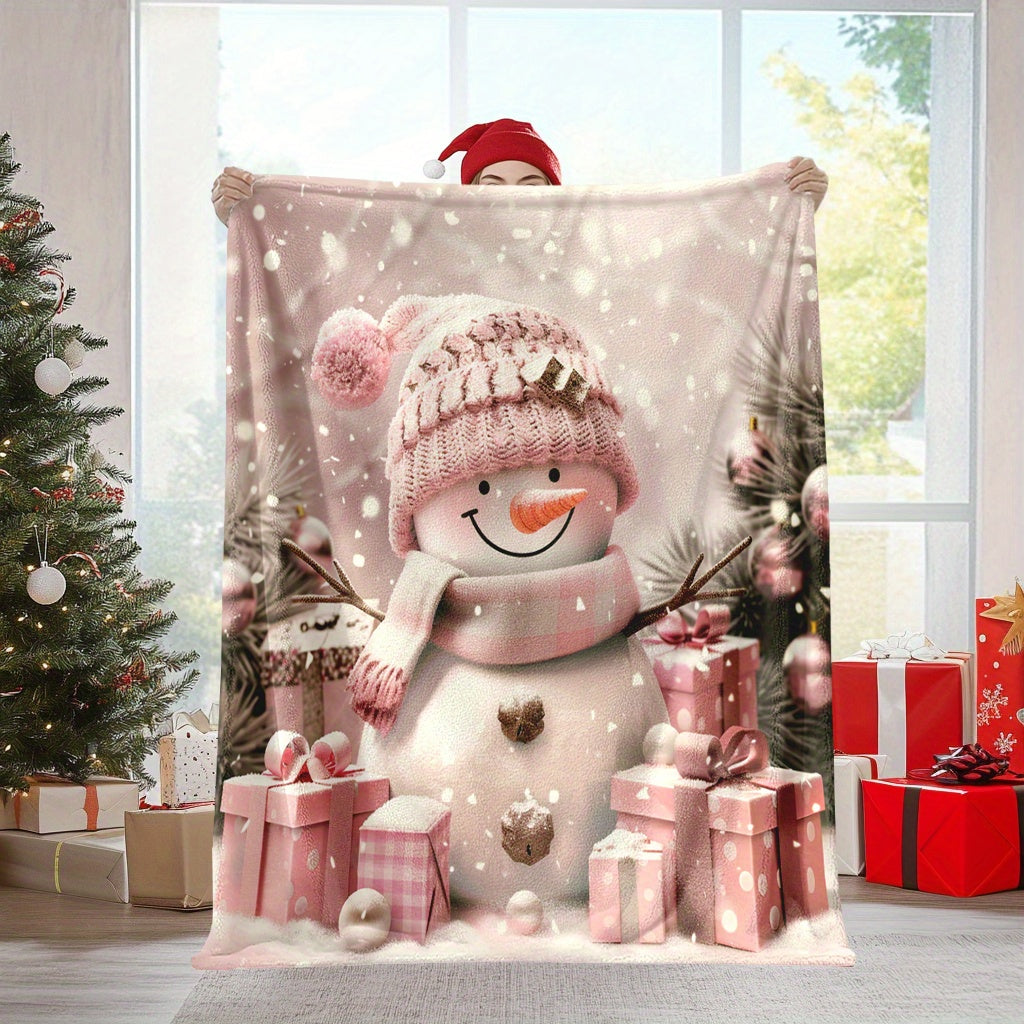 Snowman Theme Digital Printed Flannel Blanket - 100% Fiber, Suitable for Light and Warm Adaptation in All Seasons, Shop, Sofa and Other Scenes, Presenting Cute Style, Conveying Winter Atmosphere, Soft and Skin-friendly Snowman Lover Gifts