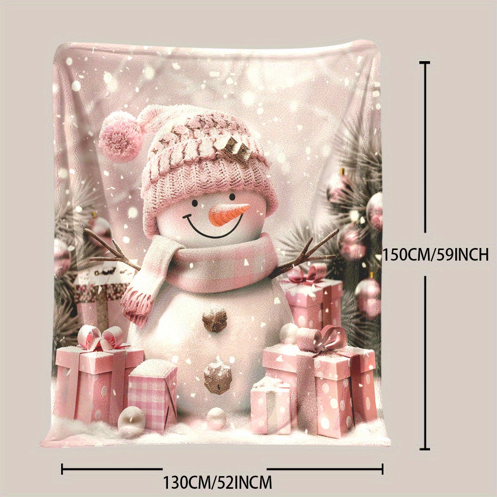 Snowman Theme Digital Printed Flannel Blanket - 100% Fiber, Suitable for Light and Warm Adaptation in All Seasons, Shop, Sofa and Other Scenes, Presenting Cute Style, Conveying Winter Atmosphere, Soft and Skin-friendly Snowman Lover Gifts