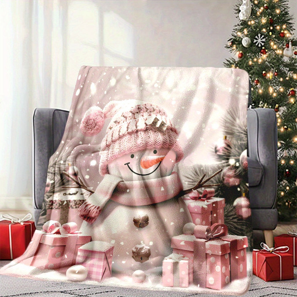 Snowman Theme Digital Printed Flannel Blanket - 100% Fiber, Suitable for Light and Warm Adaptation in All Seasons, Shop, Sofa and Other Scenes, Presenting Cute Style, Conveying Winter Atmosphere, Soft and Skin-friendly Snowman Lover Gifts