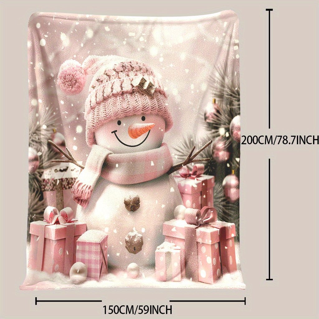 Snowman Theme Digital Printed Flannel Blanket - 100% Fiber, Suitable for Light and Warm Adaptation in All Seasons, Shop, Sofa and Other Scenes, Presenting Cute Style, Conveying Winter Atmosphere, Soft and Skin-friendly Snowman Lover Gifts