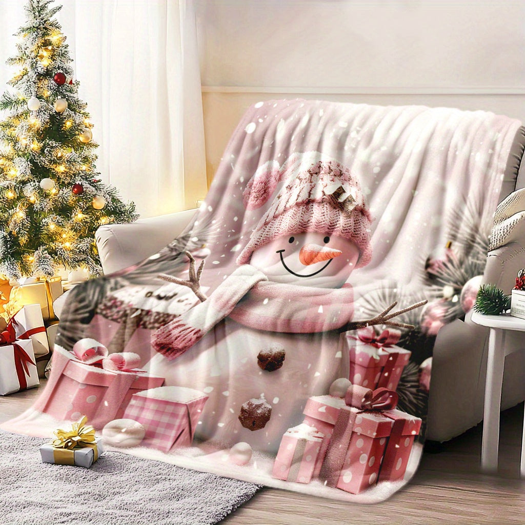 Snowman Theme Digital Printed Flannel Blanket - 100% Fiber, Suitable for Light and Warm Adaptation in All Seasons, Shop, Sofa and Other Scenes, Presenting Cute Style, Conveying Winter Atmosphere, Soft and Skin-friendly Snowman Lover Gifts