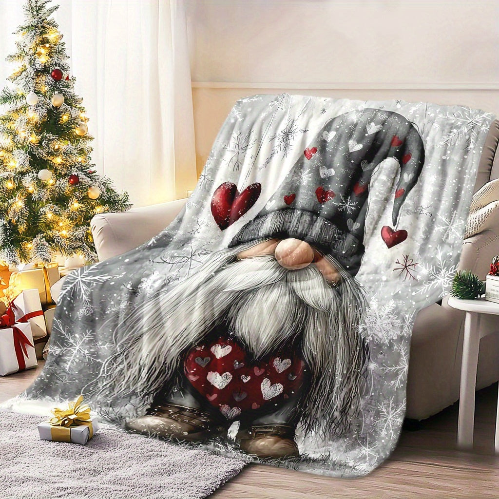 1pc Charming Christmas Gnome Flannel Blanket - Fantasy Theme with Playful Gnomes, Hearts, and Snowflake Patterns, All-season Machine-washable Polyester Fiber, Multi-purpose for Home Decor, Camping, Travel, Office - Mixed Colors, Travel Blanket |