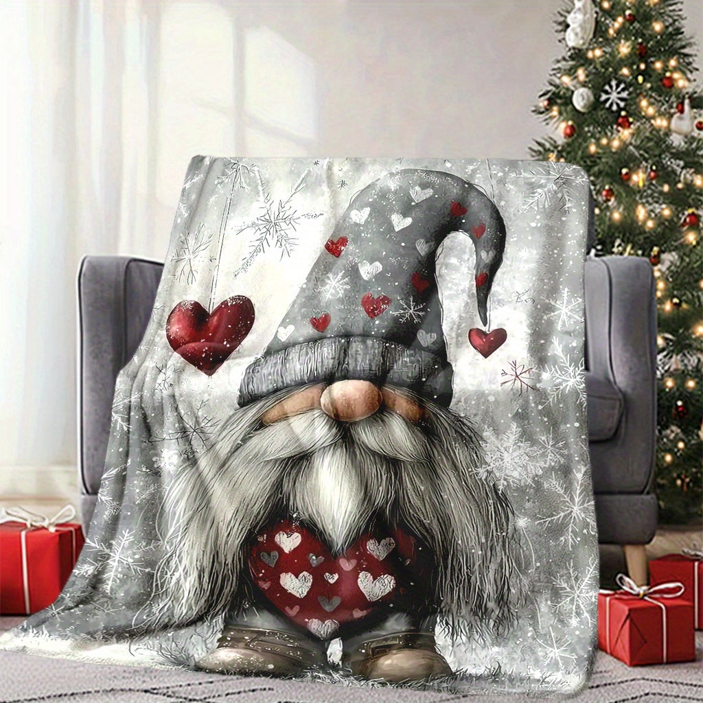 1pc Charming Christmas Gnome Flannel Blanket - Fantasy Theme with Playful Gnomes, Hearts, and Snowflake Patterns, All-season Machine-washable Polyester Fiber, Multi-purpose for Home Decor, Camping, Travel, Office - Mixed Colors, Travel Blanket |