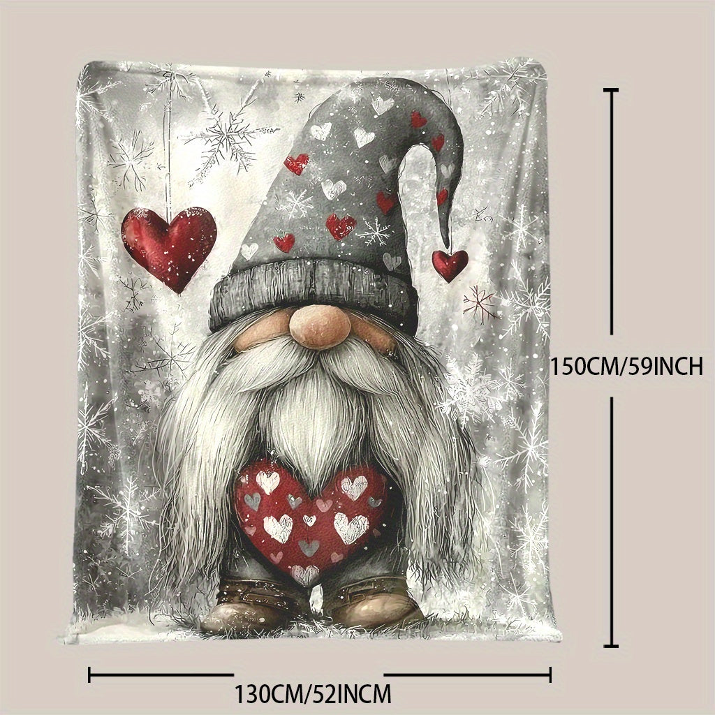 1pc Charming Christmas Gnome Flannel Blanket - Fantasy Theme with Playful Gnomes, Hearts, and Snowflake Patterns, All-season Machine-washable Polyester Fiber, Multi-purpose for Home Decor, Camping, Travel, Office - Mixed Colors, Travel Blanket |