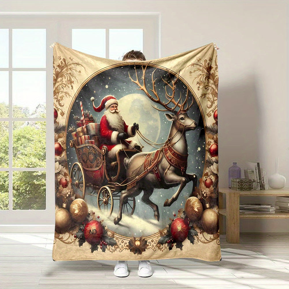 Christmas Eve Santa Claus on a Reindeer Sleigh Delivering Gifts Pattern Print, Four-season Three-dimensional Universal Small Nap Office Throw Blanket, Family Blanket, Gift for Family and Friends