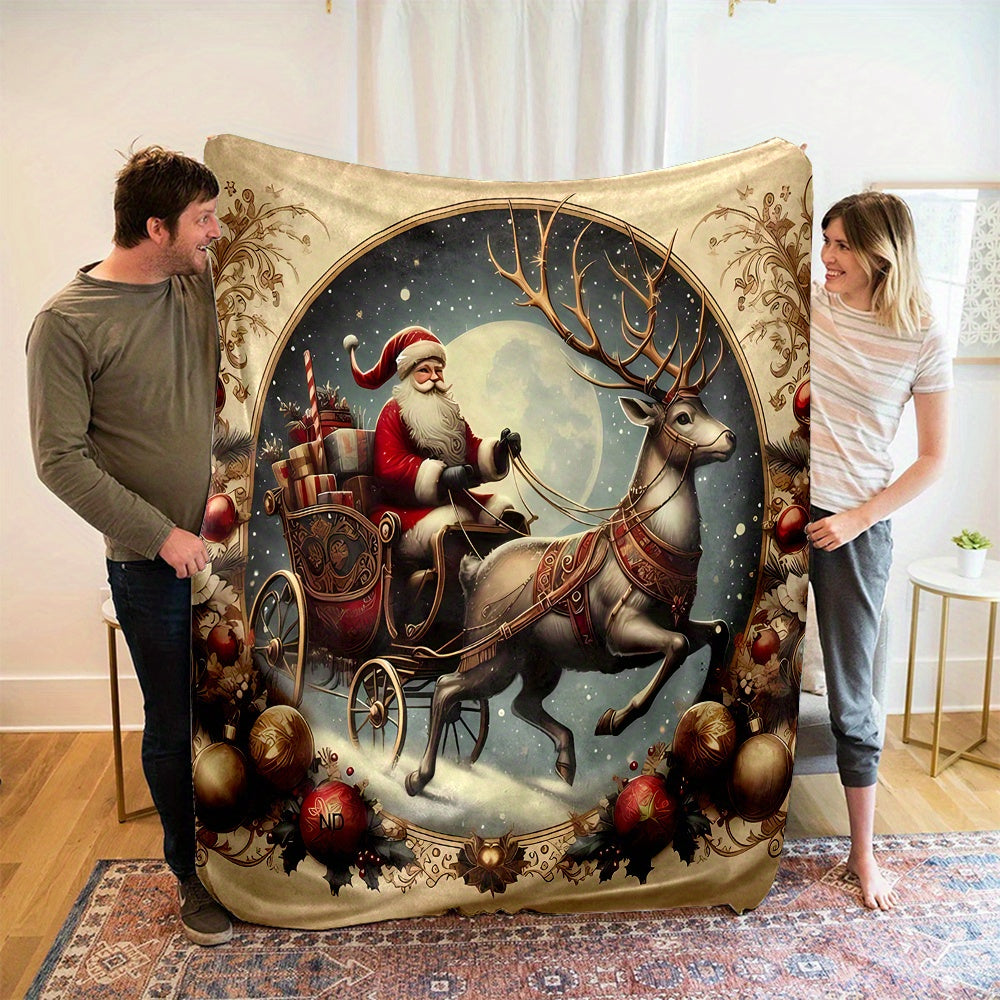 Christmas Eve Santa Claus on a Reindeer Sleigh Delivering Gifts Pattern Print, Four-season Three-dimensional Universal Small Nap Office Throw Blanket, Family Blanket, Gift for Family and Friends