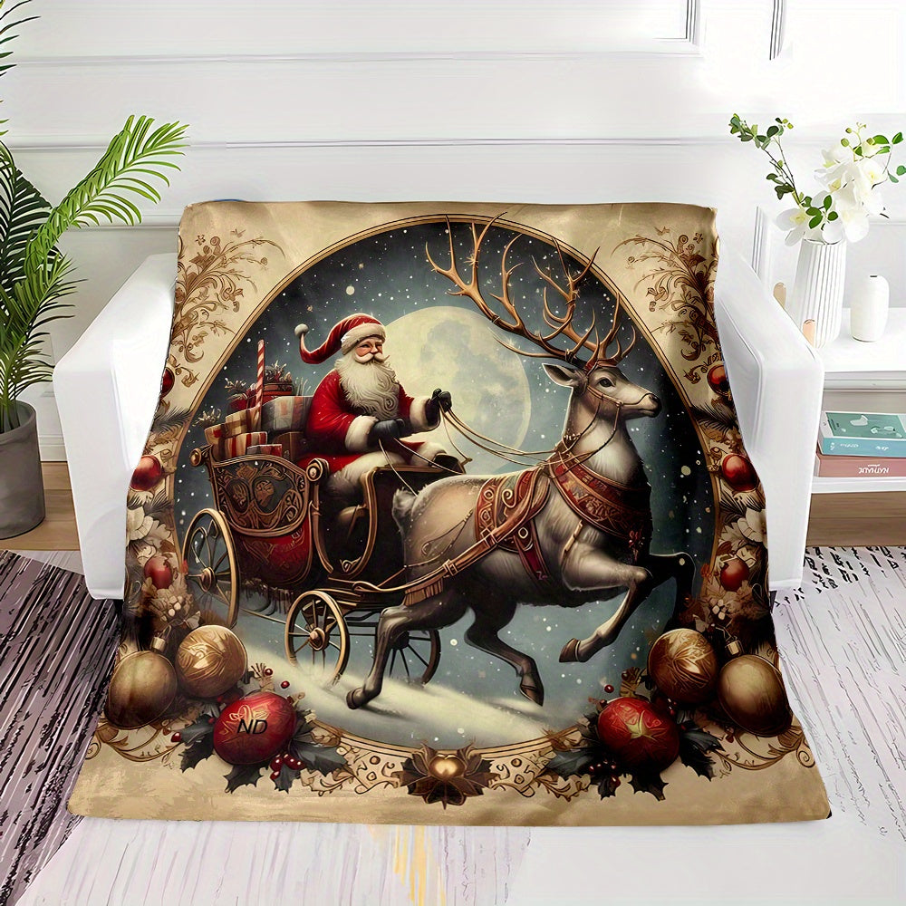 Christmas Eve Santa Claus on a Reindeer Sleigh Delivering Gifts Pattern Print, Four-season Three-dimensional Universal Small Nap Office Throw Blanket, Family Blanket, Gift for Family and Friends