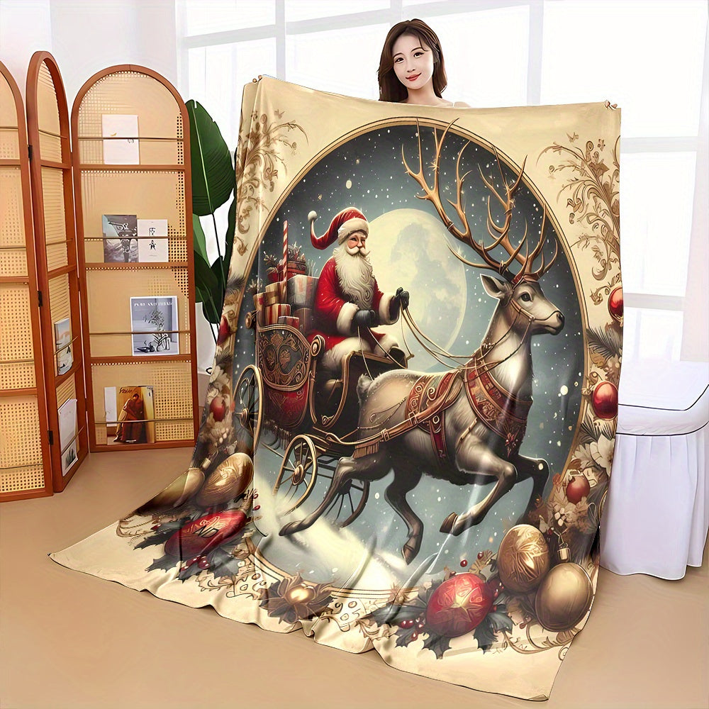 Christmas Eve Santa Claus on a Reindeer Sleigh Delivering Gifts Pattern Print, Four-season Three-dimensional Universal Small Nap Office Throw Blanket, Family Blanket, Gift for Family and Friends