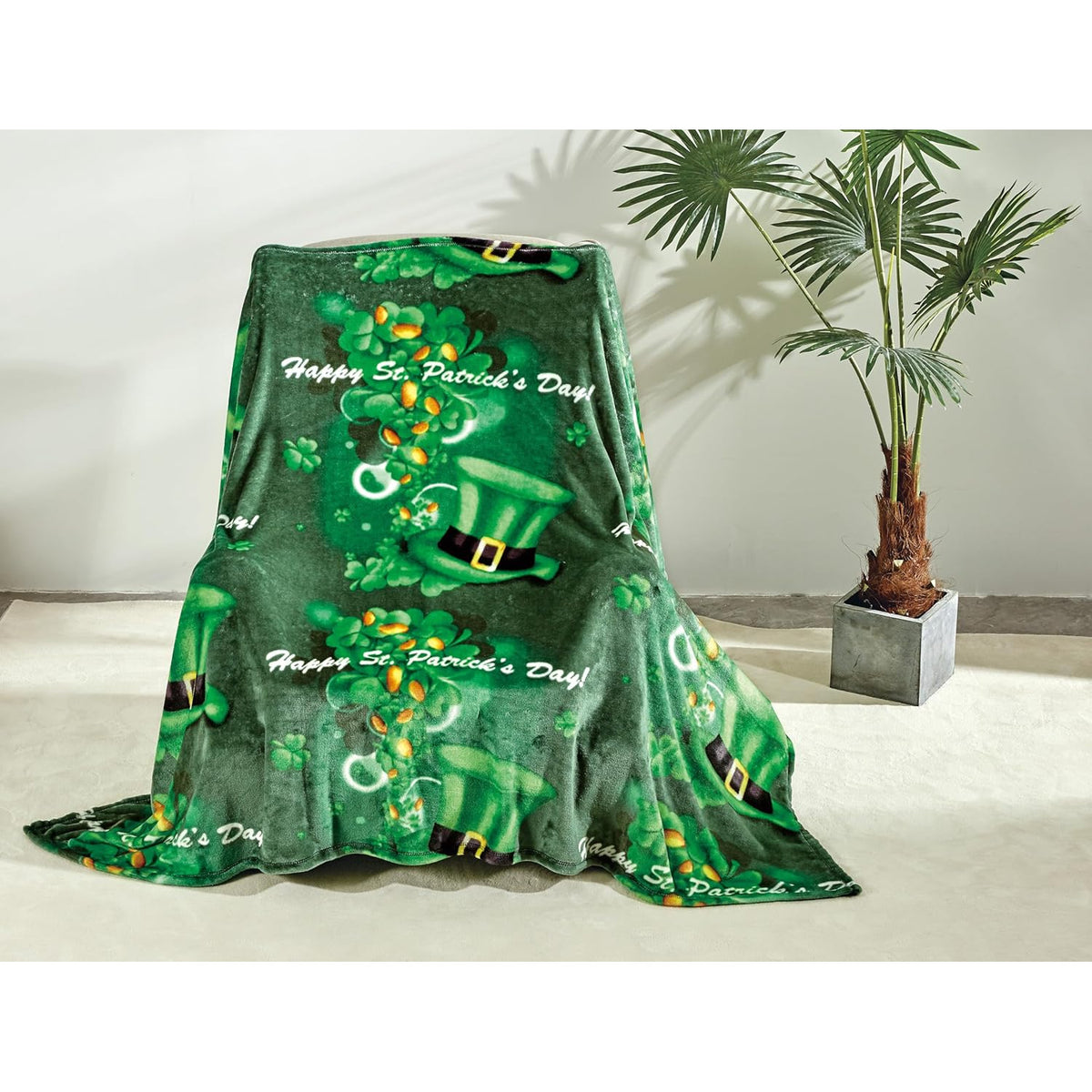 Luck of The Irish St Patrick's Day Plush Throw Blanket(50 X 70)- Shamrocks and Leprechaun Hats