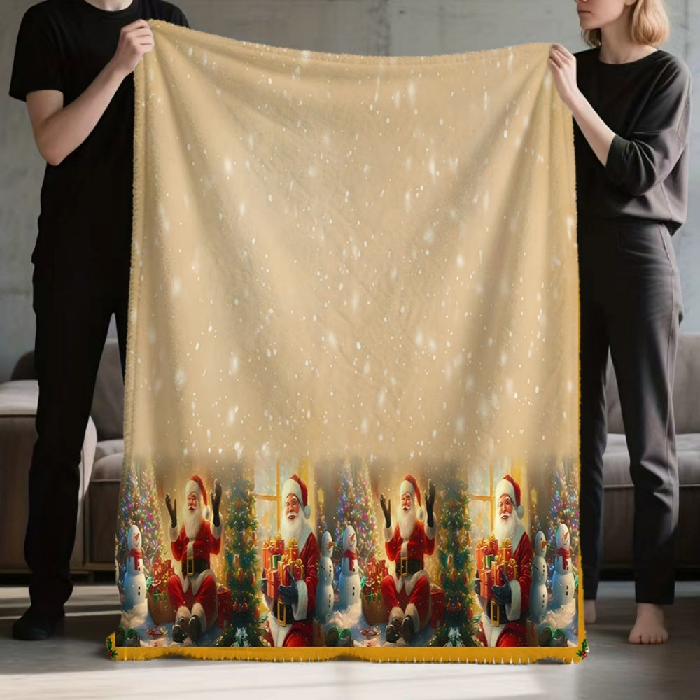 Santa Claus and Snowman Pattern Golden Flannel Blanket, Soft, Comfortable, and Warm, Festive Design, Durable Plush Surface, All-Season Universal Sofa Blanket, Warm Throw Blanket, Multiple Sizes Available, Suitable for Living Room, Bedroom