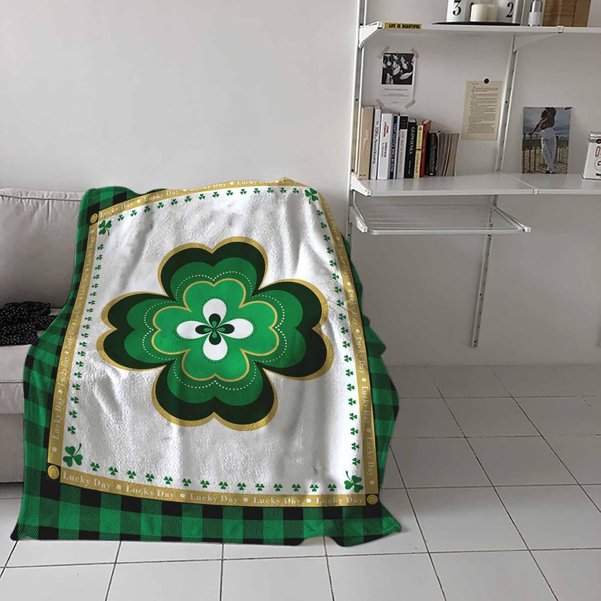 Flannel Blanket | St. Patrick'S Day Green Clovers Black Plaid Thin Soft Warm Cozy Throw for Home Sofa Travel Camping Couch Picnic Lucky Shamrock Farm Leaf 40x50in