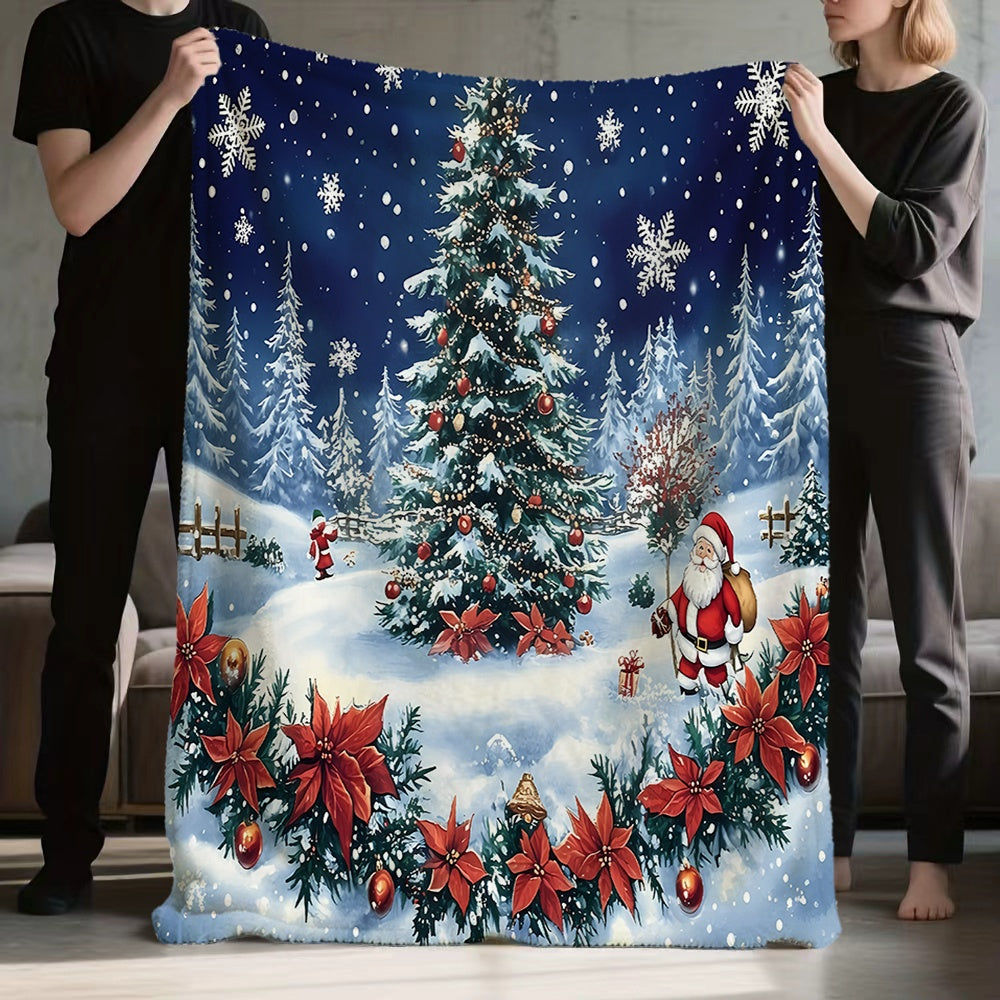 1pc Christmas Snowy Pine Tree And Santa Claus Pattern Flannel Blanket, Soft, Comfortable And Warm, Deep Blue And Red Design, All-Season Blanket, Warm Cover, Multiple Sizes Available, Suitable for Living Room Sofa, Bedroom, Reading Corner