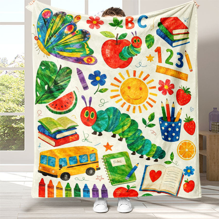 for CATERPILLAR 2D Watercolor Cartoon Print, Featuring Caterpillars with Butterfly, Vegetables, Fruits, Stationery, School Bus, and Sun Elements, Fresh Cartoon Style, Portable Home Blanket¡ªLightweight Sofa Bed Blanket for Travel, Camping