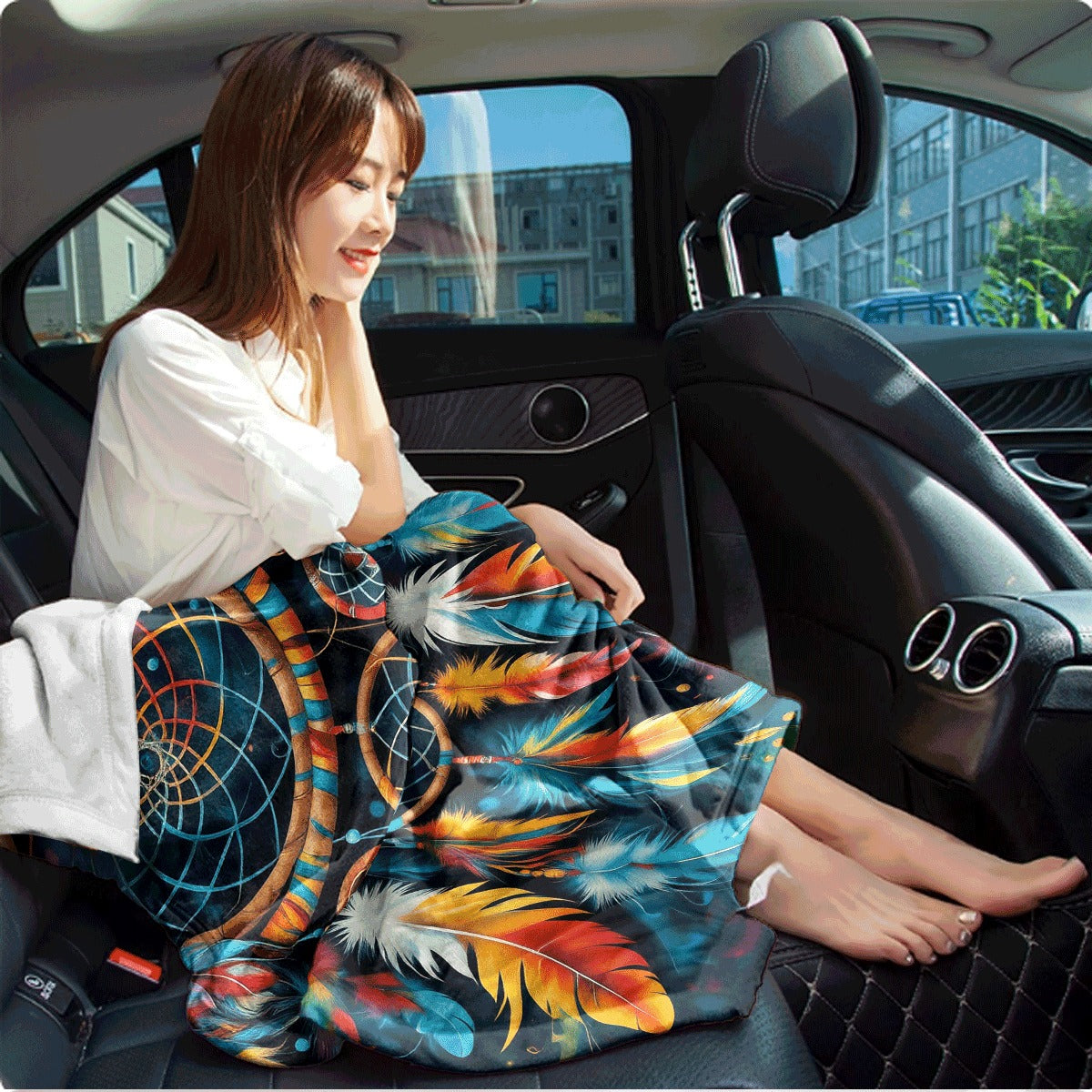 1pc Colorful Dreamcatcher Design Flannel Blanket Soft Lightweight Throw with Vibrant Feather Pattern, All-Season Comfort for Sofa, Office, Travel Machine Washable, Multiple Sizes Available, Offic