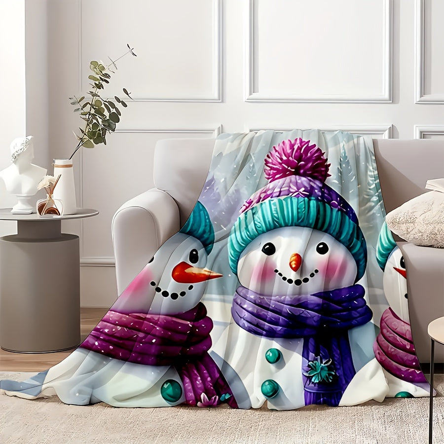 1pc 2D Flat Print Snowman and Winter Forest Themed Blanket, Flannel Throw in Purple and Blue Tones, Soft Cover Blanket - Multiple Sizes Available, Suitable for Living Room Sofas, Bedroom, Holiday Decorations, and Outdoor Picnics, 2D Flat