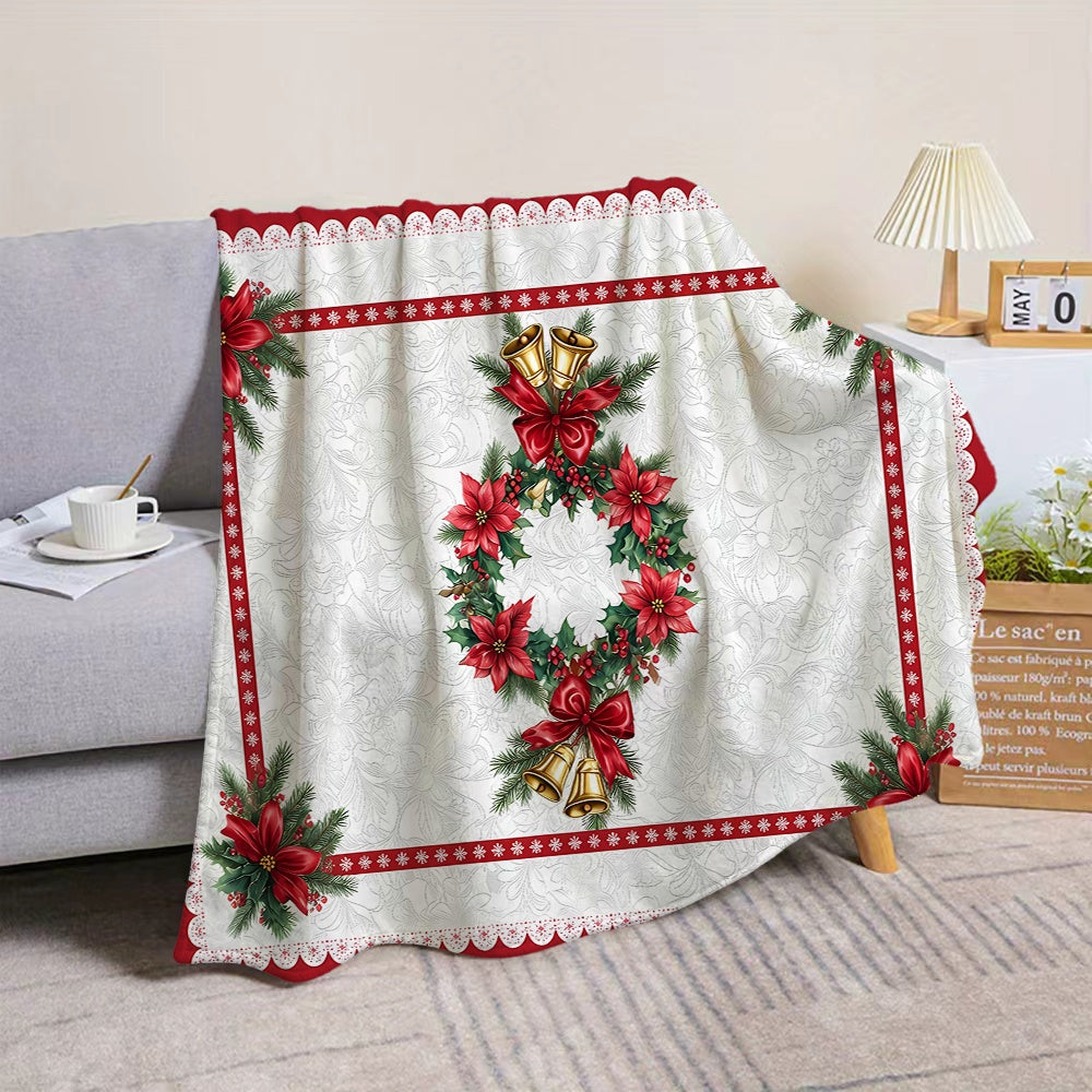 1 Christmas Wreath and Bell Pattern Flannel Blanket, Soft, Comfortable, and Warm, Red and White Design, All-season Universal Sofa Throw, Warm Lap Blanket, Available in Multiple Sizes, Suitable for Living Room Sofas, Bedroom, Reading Areas