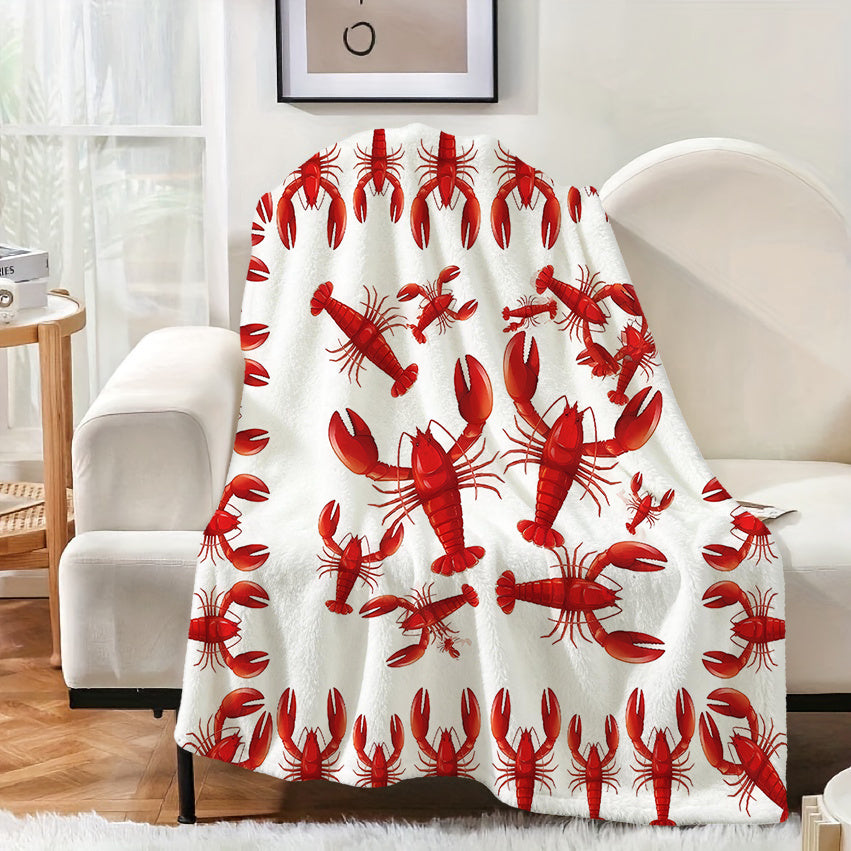1pc Red Lobster Patterned Blanket, Cartoon Style Design, Soft Plush Surface, Flannel Material Lightweight And Durable, Multiple Sizes Available, Ideal for Holiday Gatherings, Living Room Leisure, Bedroom Warmth, Study Reading, Seasonal Home Decor