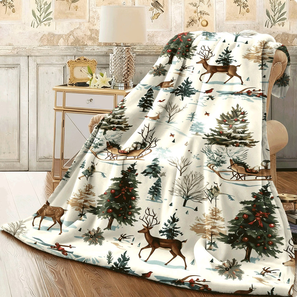 1pc Christmas-Themed Flannel Blanket Soft Lightweight & Warm All-Season Cozy Throw with Deer & Pine Tree Design Perfect for Sofa Office Camping