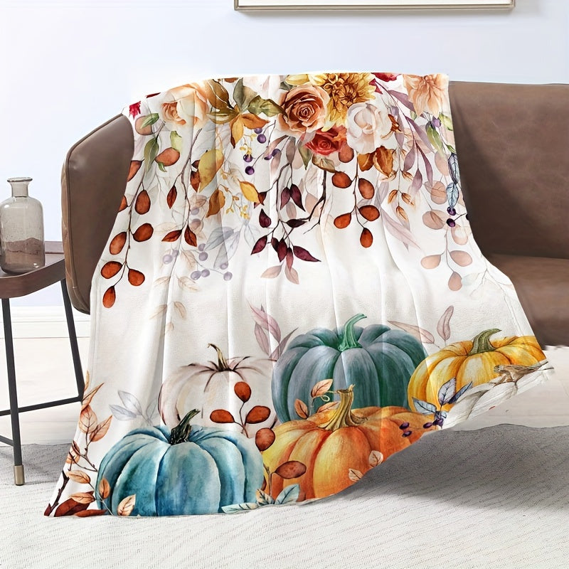 Contemporary Flannel Blanket Featuring a Pumpkin Design for Autumn, Providing Softness And Comfort Throughout The Year. This Versatile Printed Blanket Is Ideal for Travel, Camping, Use on Sofas And Beds, And for Decorating Office Spaces