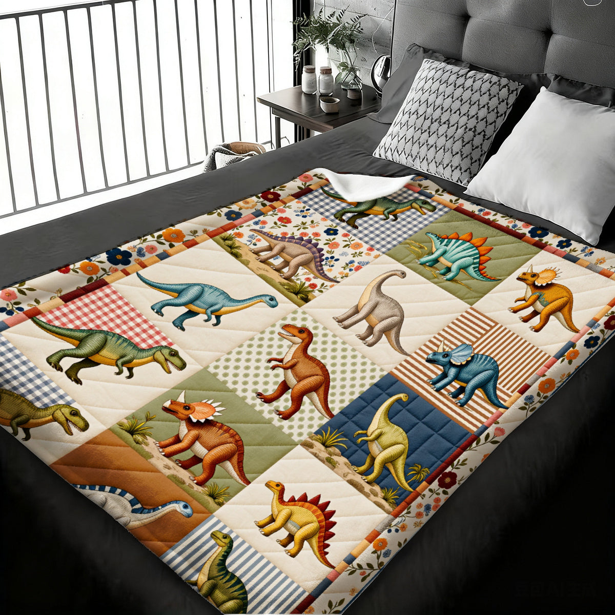 This Digital Print Flannel Blanket Features a Retro Floral Border And Various Dinosaurs Like T-Rex, Stegosaurus, And Triceratops. It's Soft, Warm, And Comfortable, Making It Perfect for Use in The Bedroom, Living Room
