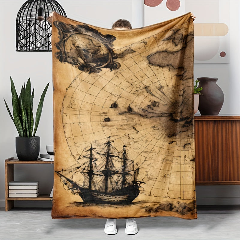 1pc Nautical Ship Map Pattern Flannel Blanket, Gift Blanket for Family and Friends, Nap Blanket, Throw Blanket, Multi-purpose Blanket for Sofa, Camping, and Travel