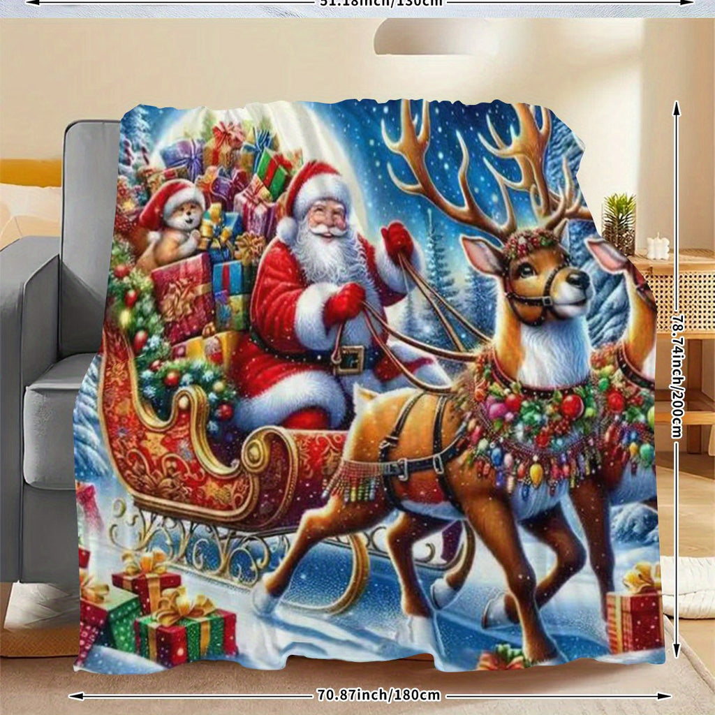 1pc 2D Flat Printing Santa Claus And Reindeer Sleigh Pattern Blanket - Soft And Comfortable, Blue And Red Main Colors, Festive Decor Style, Multiple Sizes Available, Suitable for Living Room, Bedroom, Sofa, And Reading Area