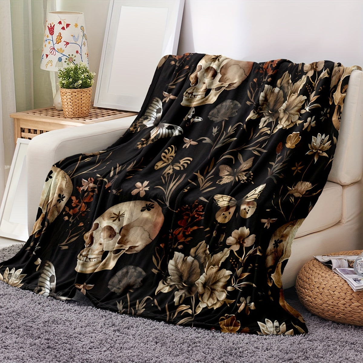 Skull& Floral Flannel Throw Blanket- Soft, Warm, and Cozy for Couch,, Travel, and Office- Versatile All-Season Gift