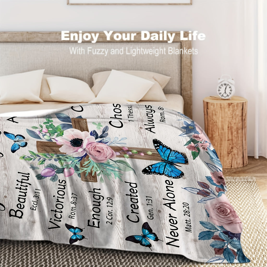 Inspirational Vintage Floral Flannel Throw Blanket with Uplifting Scripture Messages - Soft, All-Season Comfort for Sofa & TV, Perfect Religious Gift for Holidays, Birthdays, Anniversaries - Polyester, 280Gsm, Allseason Throw | Scripture Message Decor | S