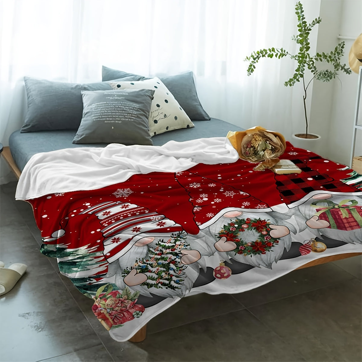 1pc, Christmas Elf and Snowy Tree Branch Pattern Red Flannel Blanket, Soft, Comfortable, and Warm, Festive Design, Durable Plush Surface, All-season Universal Sofa Blanket, Warm Throw Blanket, Multiple Sizes Available, Suitable for Living Room Sofas