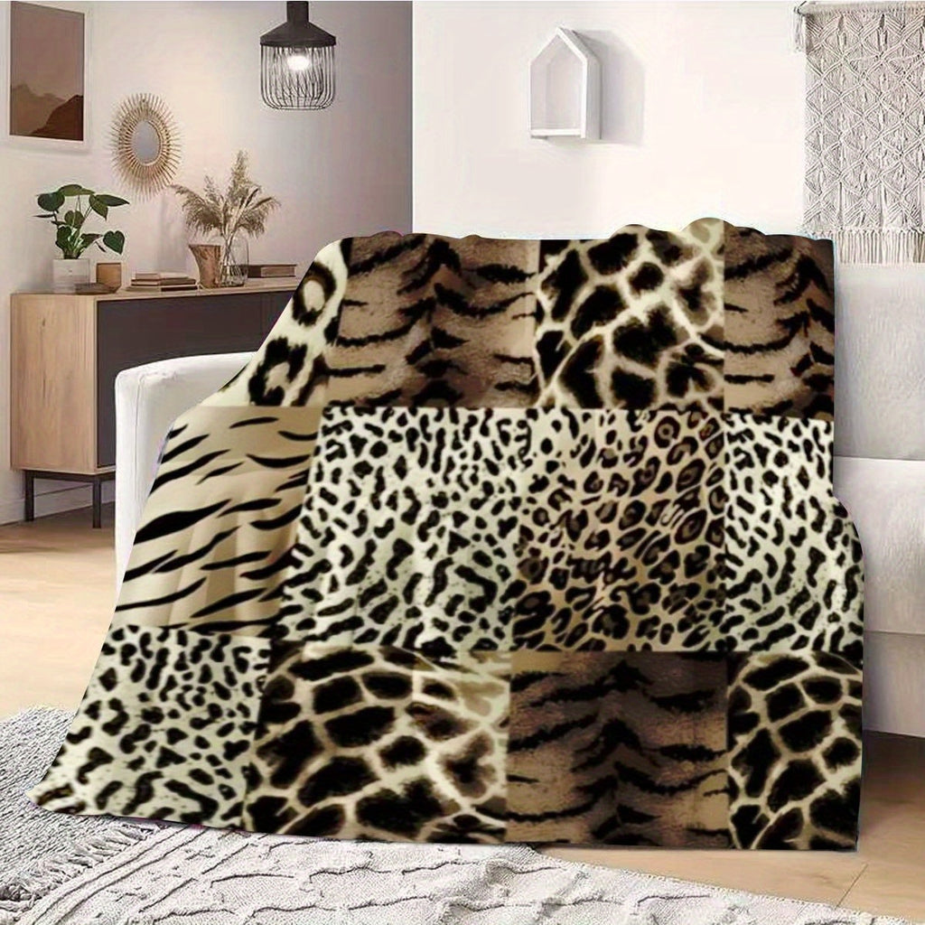 1pc 2D Flat-printed Leopard and Tiger Stripe Patchwork Blanket, Soft Flannel Throw, Beige and Black Design, All-season Warm Cover Blanket, Suitable for Living Room Sofas, Bedroom, Office Breaks, Outdoor Picnics, and Camping, 2D Flat