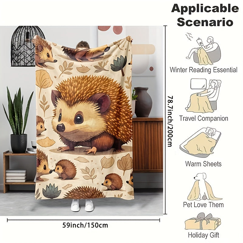 1pc Cute Hedgehog Flannel Blanket | Soft, Warm and Cozy for Sofa,, Office - All-Season Comfortable, Hypoallergenic, Machine Washable - Charming Cartoon Design with Autumn Leaves, Perfect Holiday Gift, Cute Blanket