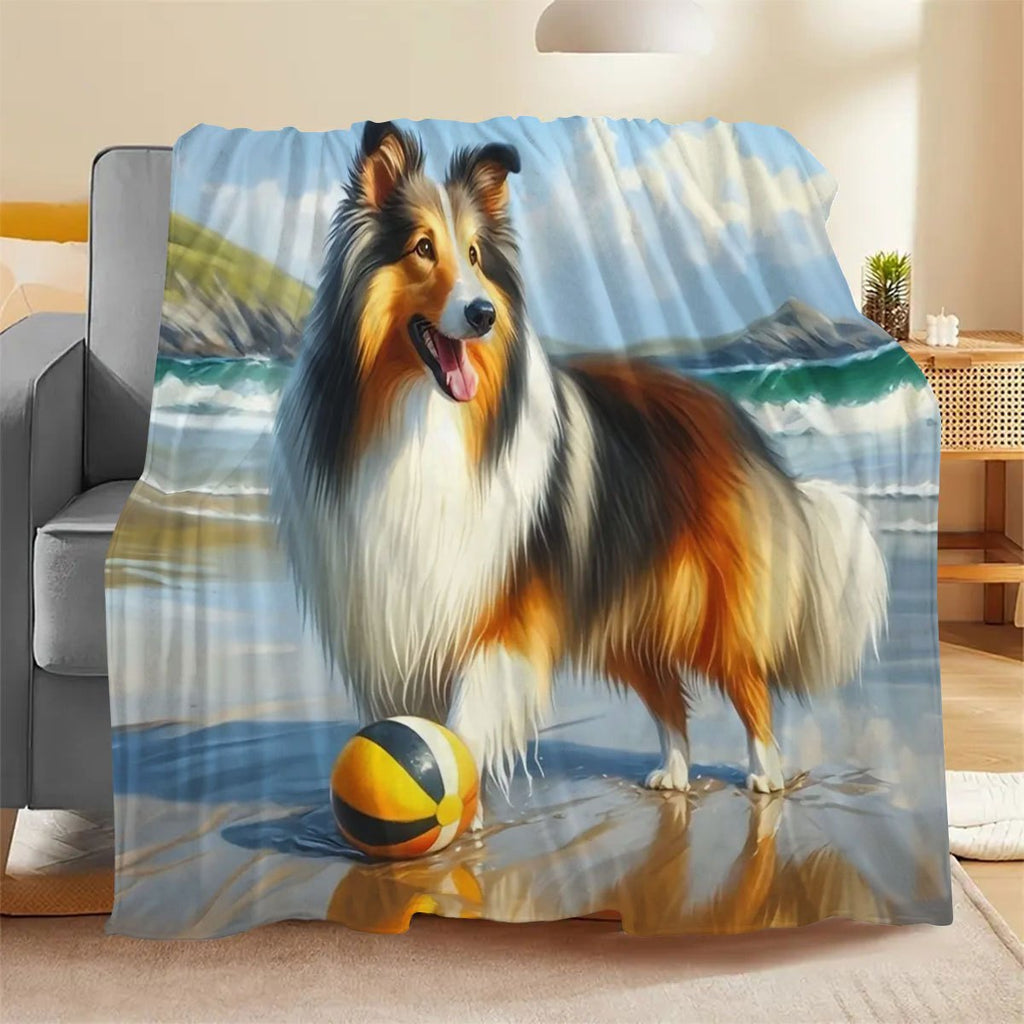 1pc 2D Flat Printing, Corgi Beach Theme Blanket, Soft Fleece Blanket - Blue White Brown Design, Multi-Size Available, Suitable for Living Room, Bedroom, Sofa, And Casual Reading
