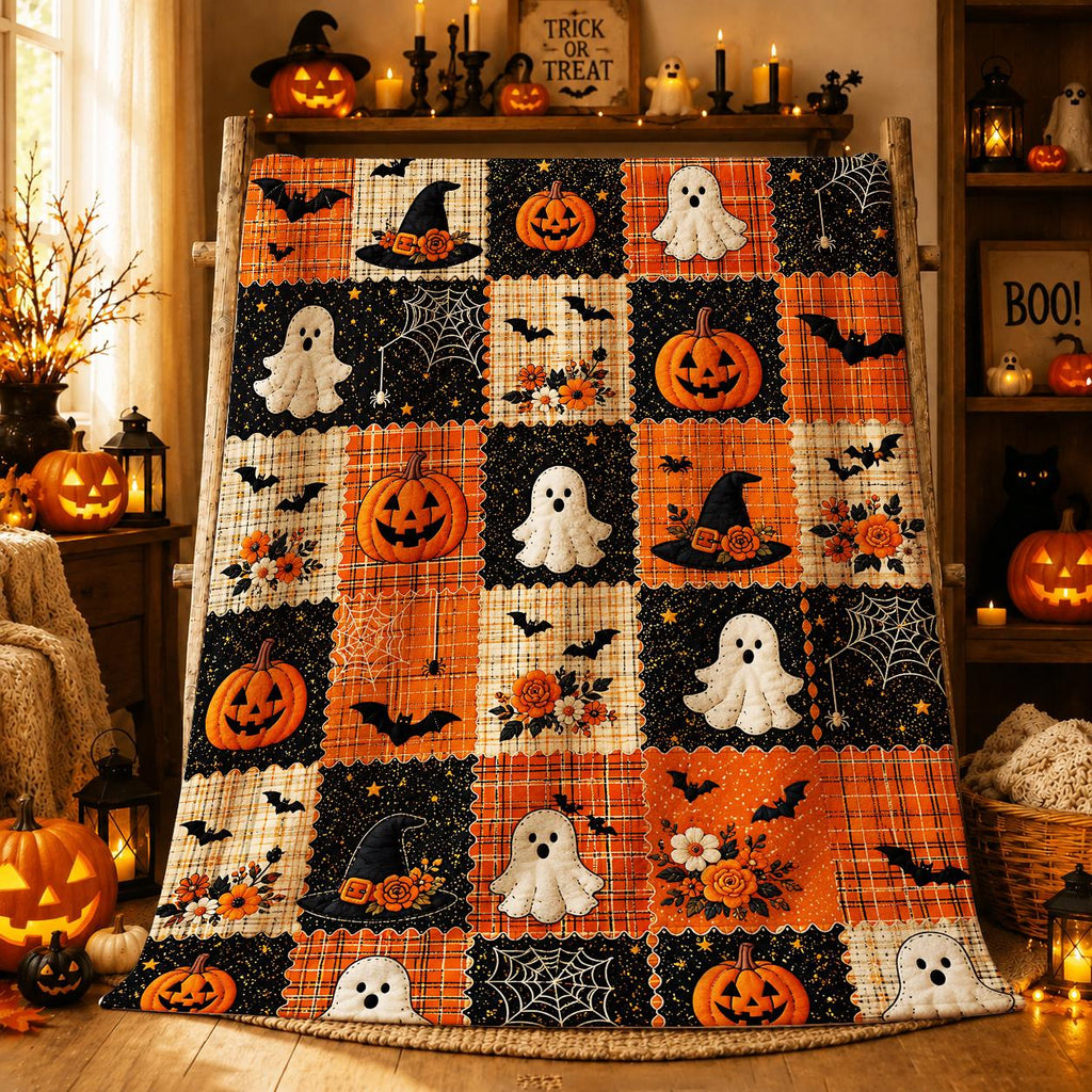 1 Vintage Halloween Throw Blanket, Suitable for Living Room, Bedroom, and Sofa, Orange Plaid with Black Starry Sky Patchwork, Decorated with Pumpkin,, Bat, Spider Web, and Witch Hat Patterns, Soft Flannel Blanket, Ideal for Naps, Travel, and Fall