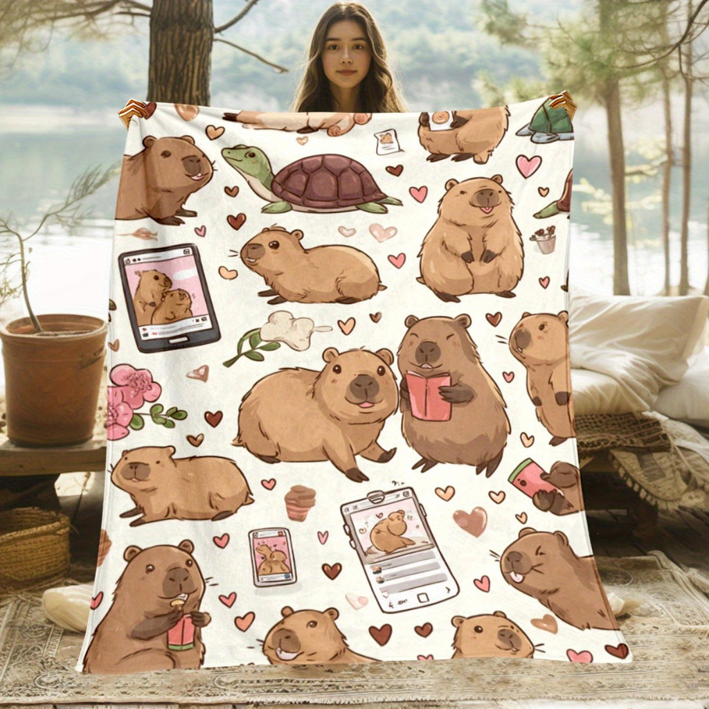 1pc Cute Capybara Patterned Blanket, Cartoon Design, Soft Plush, Flannel Material Lightweight And Durable, Multiple Sizes Available, Ideal for Christmas Holiday Decor And Gifting, Living Room Leisure, Bedroom Warmth, Office Nap