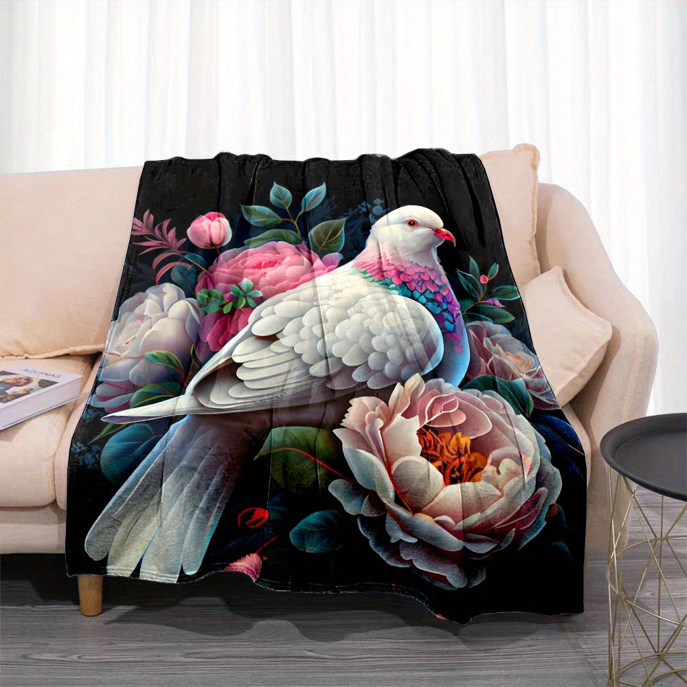 1pc 2D Flat-printed Peace Dove and Peony Flower Blanket, Soft Flannel Blanket¡ªBlack Background Floral Design, Multiple Sizes Available, Suitable for Camping, Picnics, Reading, Rest, and Home Use, 2D Flat