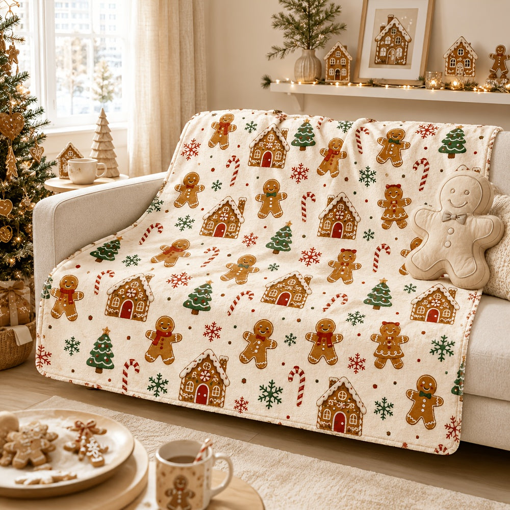 Blanket, Gingerbread Candy Christmas Blanket, Cream White Holiday Cartoon Style Soft Blanket, Living Room Sofa Bedroom Autumn And Winter Warm Home Decoration Blanket