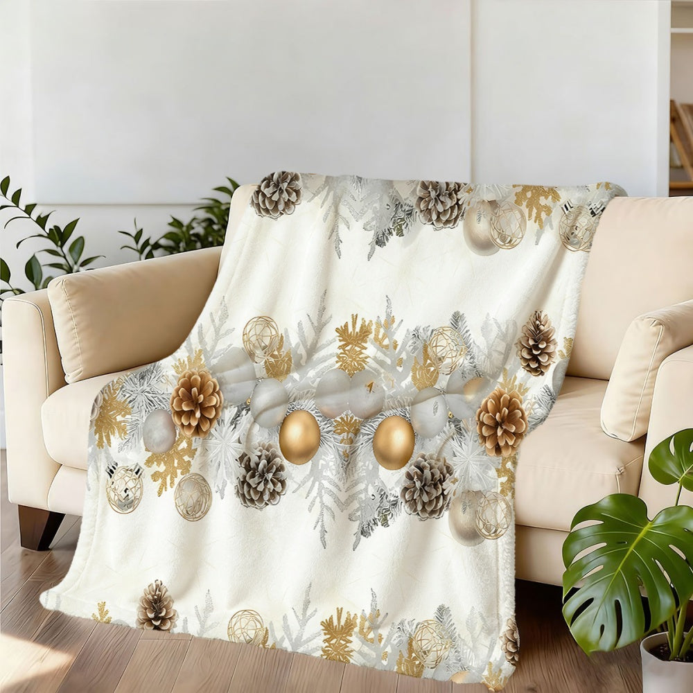 1pc Christmas Pinecone And Golden Ball Decorative Flannel Blanket, Soft Comfortable Warm, White And Golden Design, All-Season Sofa Blanket, Warm Cover, Multiple Sizes Available, Suitable for Living Room Sofa, Bedroom, Reading Corner